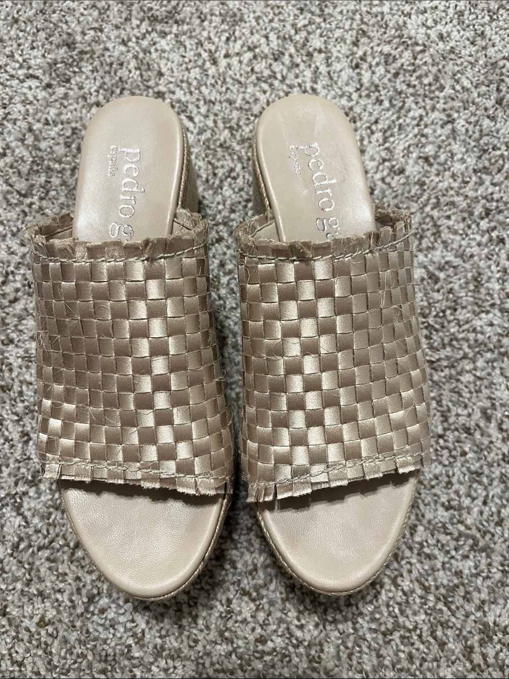 Pedro Garcia Woven Satin Slide platform in Champagne Taupe